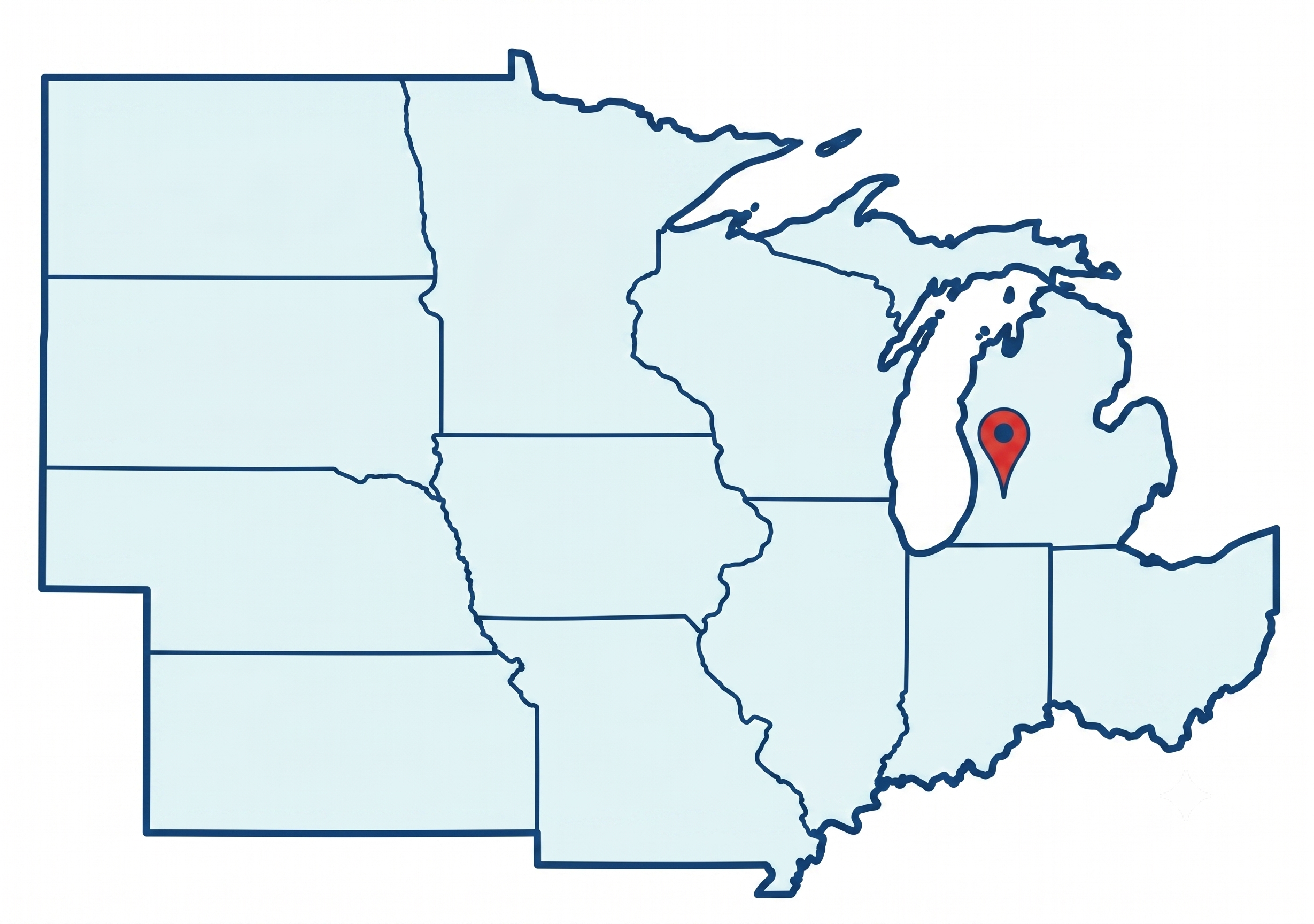 Map of the Midwest United States with Grand Rapids, Michigan marked by a pin